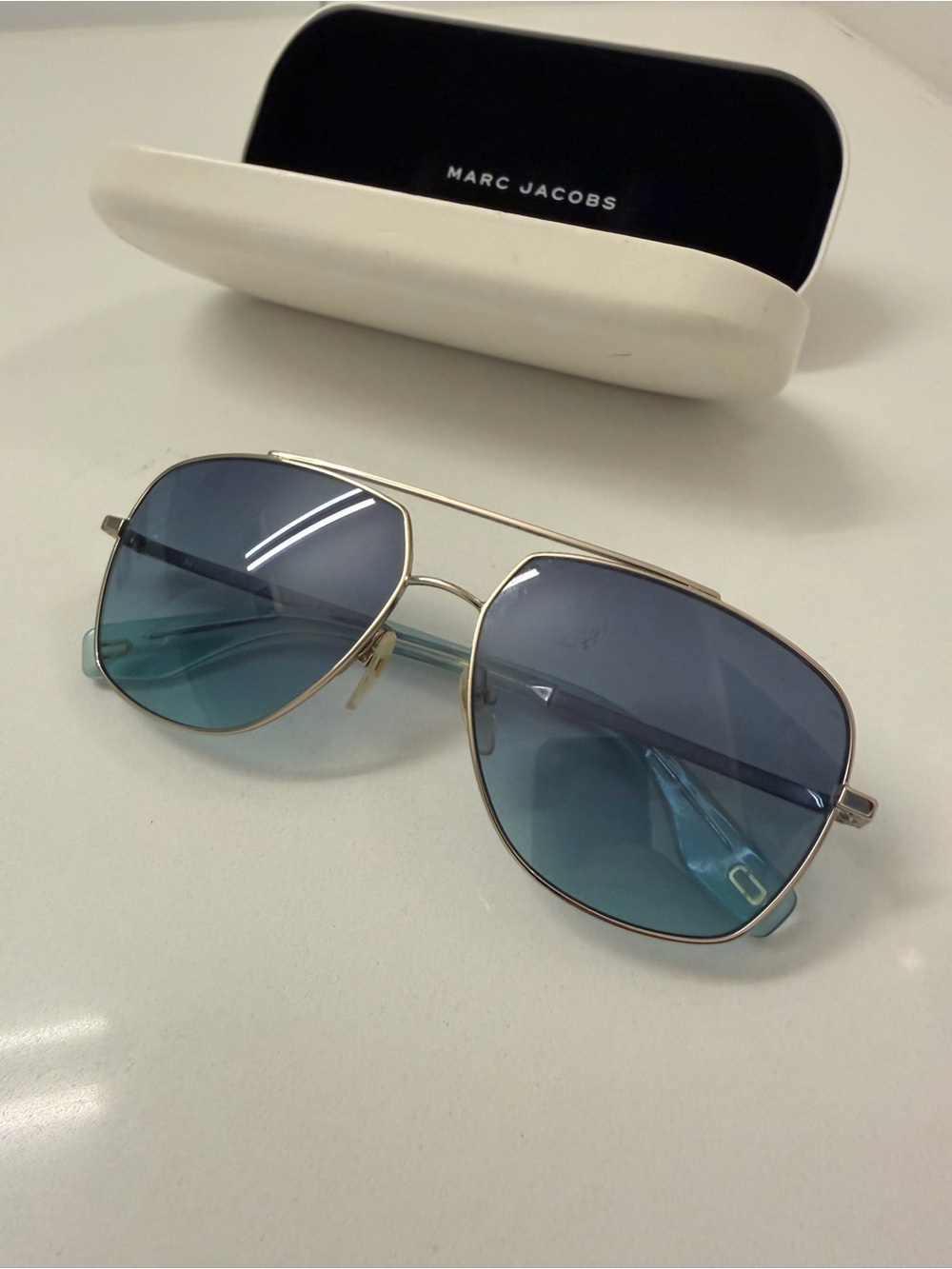 Marc Jacobs Gold Frame Sunglasses with Blue-Green Gradient Lenses